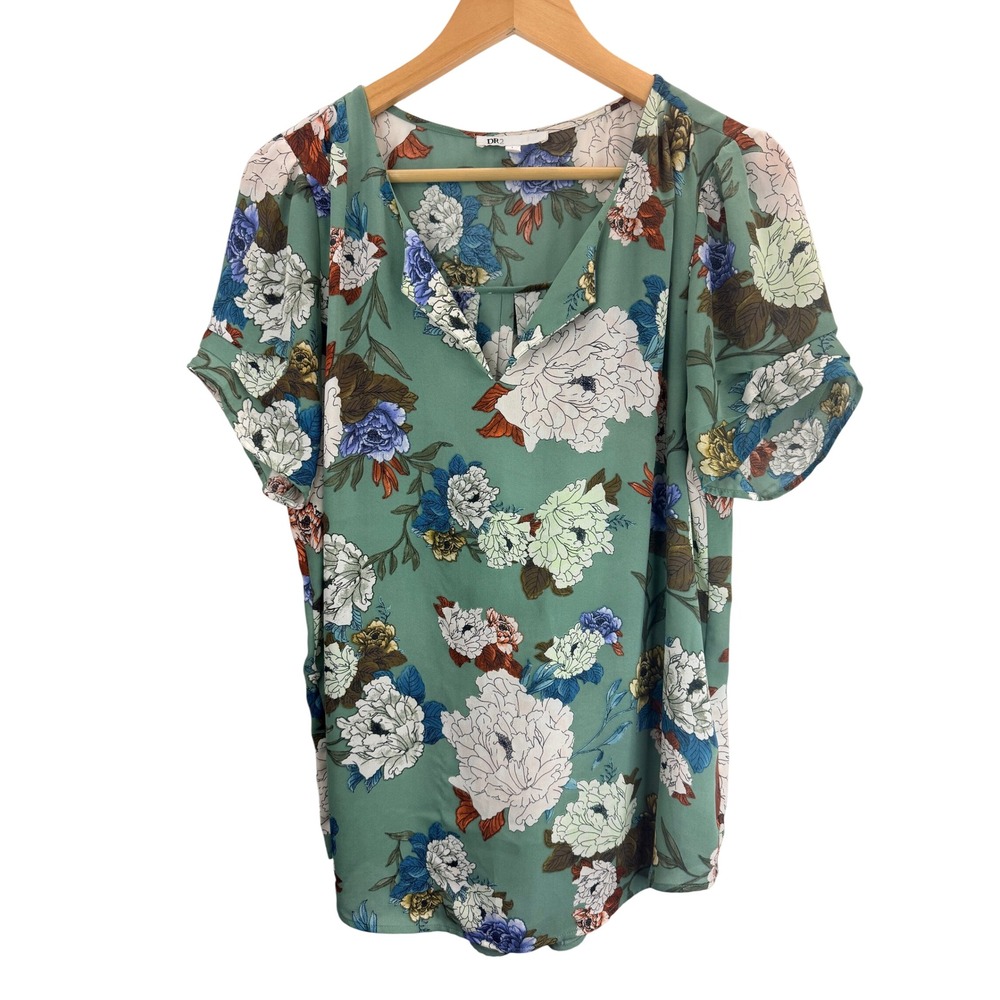 DR2 Women's Green Floral Short Sleeve V-Neck‎ Tunic Top Size L